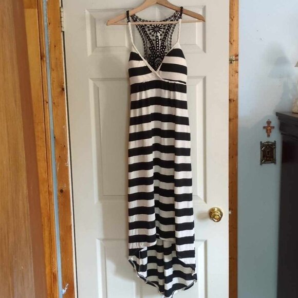 Almost Famous Sz Small Poly Rayon Linen Jail Striped Midi Summer Dress Crochet - Picture 1 of 9